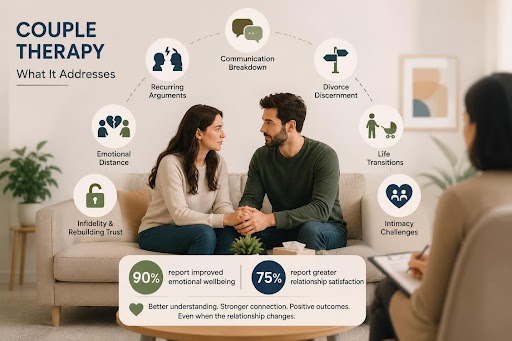 Couple therapy session addressing communication, trust, and relationship challenges.