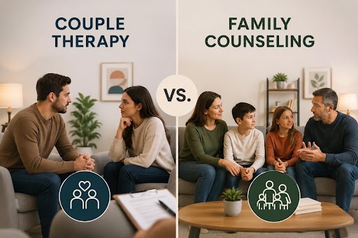 Couple therapy vs family counseling comparison illustration.