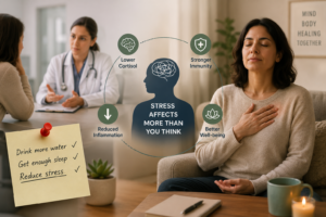 Woman practicing stress management through mindfulness therapy with a doctor in a calm clinical setting