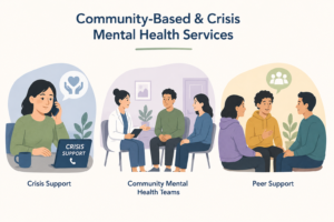 Illustration showing crisis support, community mental health teams, and peer support services for mental health care.