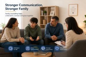 Family counselling session helping parents and teenager improve communication and emotional understanding