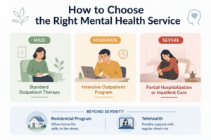 Infographic showing different mental health services based on symptom severity, including outpatient therapy, intensive outpatient programs, inpatient care, residential programs, and telehealth support.