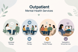 Illustration of outpatient mental health services including individual therapy, group counseling, family therapy, and telehealth support.