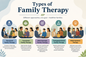 Illustration showing different types of family therapy including structural, functional, strategic, transgenerational, and multi-systemic therapy approaches.
