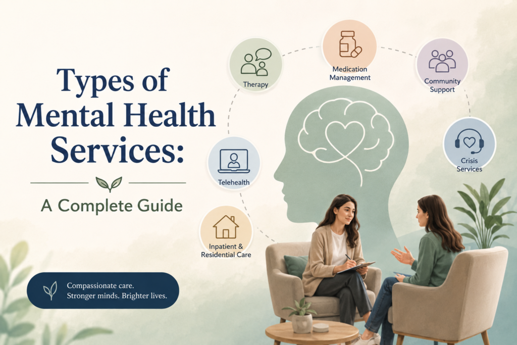 different types of mental health services including therapy, telehealth, crisis support, medication management, and inpatient care with a therapist counseling a patient.