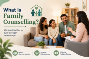 Family counselling session with therapist helping parents and child improve communication and relationships