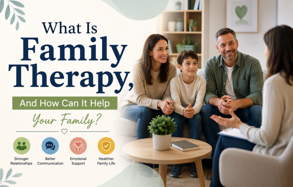 Family therapy session with parents and child talking to a counsellor about communication, emotional support, and healthy family relationships.