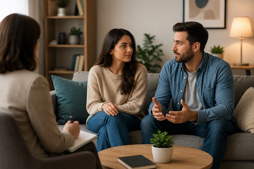 Couple speaking with a therapist during a professional couples counseling session.