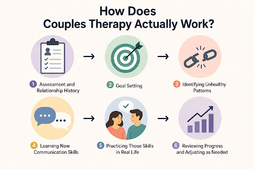 Infographic showing the six steps of couples therapy, including assessment, goal setting, communication, and progress review.