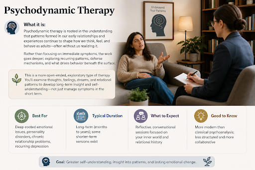 Psychodynamic therapy session helping a client understand deep-rooted emotional issues, relationship patterns, and personal growth.
