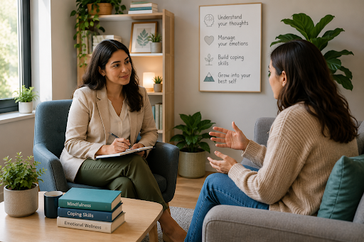 Mental health therapist speaking with a client during a professional counseling session focused on emotional wellbeing, coping skills, and personal growth.