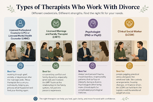 Types of divorce therapists for emotional healing